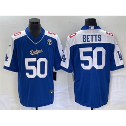 Men Los Angeles Dodgers 50 Mookie Betts Blue Vin Scully Patch Stitched Jersey