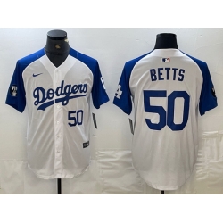 Men Los Angeles Dodgers 50 Mookie Betts White Blue Vin Patch Cool Base Stitched Baseball Jersey 1