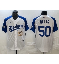 Men Los Angeles Dodgers 50 Mookie Betts White Blue Vin Patch Cool Base Stitched Baseball Jersey 2