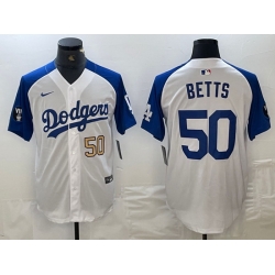 Men Los Angeles Dodgers 50 Mookie Betts White Blue Vin Patch Cool Base Stitched Baseball Jersey 2