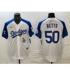 Men Los Angeles Dodgers 50 Mookie Betts White Blue Vin Patch Cool Base Stitched Baseball Jersey 5