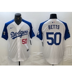 Men Los Angeles Dodgers 50 Mookie Betts White Blue Vin Patch Cool Base Stitched Baseball Jersey III