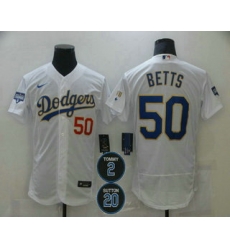 Men Los Angeles Dodgers 50 Mookie Betts White Gold 2 20 Patch Flex Base Sttiched MLB Jersey
