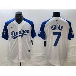 Men Los Angeles Dodgers 7 Julio Ur EDas White Blue Vin Patch Cool Base Stitched Baseball Jersey