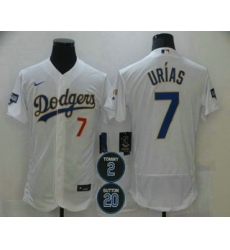 Men Los Angeles Dodgers 7 Julio Urias White Gold 2 20 Patch Stitched MLB Flex Base Nike Jersey