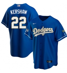Men Los Angeles Dodgers Clayton Kershaw 22 Championship Gold Trim Blue Limited All Stitched Cool Base Jersey