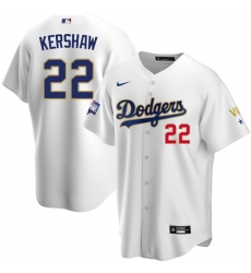Men Los Angeles Dodgers Clayton Kershaw 22 Championship Gold Trim White Limited All Stitched Flex Base Jersey