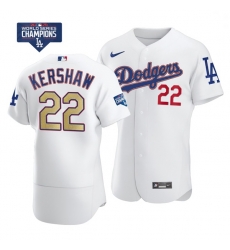 Men Los Angeles Dodgers Clayton Kershaw 22 Gold Program Designed Edition White Flex Base Stitched Jersey