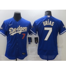 Men Los Angeles Dodgers Julio Urias 7 Championship Gold Trim Blue Limited All Stitched Flex Base Jersey