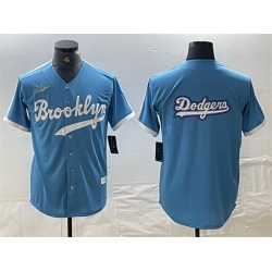 Men Los Angeles Dodgers Team Big Logo Light Blue Throwback Cool Base Stitched Baseball Jersey 3