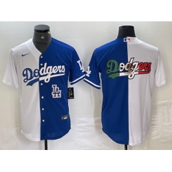 Men Los Angeles Dodgers Team Big Logo White Blue Split Cool Base Stitched Baseball Jersey 5