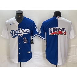 Men Los Angeles Dodgers Team Big Logo White Blue Split Cool Base Stitched Baseball Jersey 7
