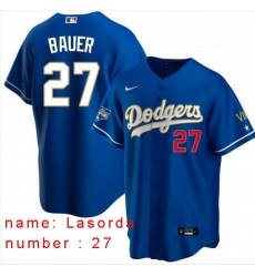 Men Los Angeles Dodgers Tommy Lasorda 27 Championship Gold Trim Blue Limited All Stitched Flex Base Jersey