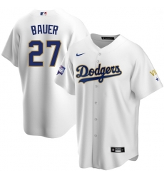 Men Los Angeles Dodgers Trevor Bauer 27 Championship Gold Trim White Limited All Stitched Cool Base Jersey