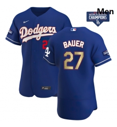 Men Los Angeles Dodgers Trevor Bauer 27 Gold Program Designed Edition Blue Flex Base Stitched Jersey