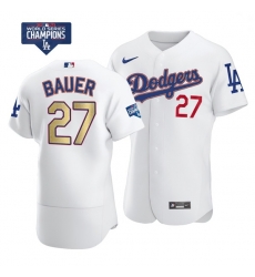 Men Los Angeles Dodgers Trevor Bauer 27 Gold Program Designed Edition White Flex Base Stitched Jersey