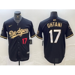 Mens Los Angeles Dodgers 17 Shohei Ohtani Number Black Gold Stitched Cool Base Nike Jersey