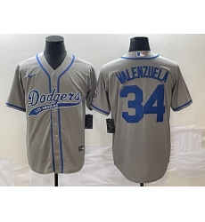 Men's Los Angeles Dodgers #34 Fernando Valenzuela Grey With Patch Cool Base Stitched Baseball Jersey1