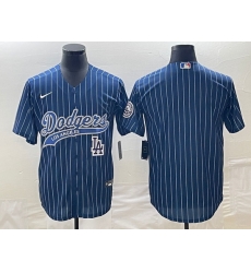 Men's Los Angeles Dodgers Blue Pinstripe Blank With Patch Cool Base Stitched Baseball Jersey