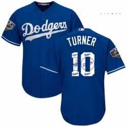 Mens Majestic Los Angeles Dodgers 10 Justin Turner Authentic Royal Blue Team Logo Fashion Cool Base 2018 World Series MLB Jersey