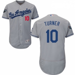 Mens Majestic Los Angeles Dodgers 10 Justin Turner Grey Road Flex Base Authentic Collection 2018 World Series Jersey
