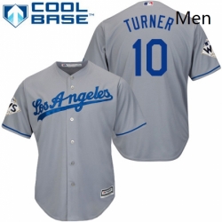 Mens Majestic Los Angeles Dodgers 10 Justin Turner Replica Grey Road 2017 World Series Bound Cool Base MLB Jersey