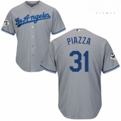 Mens Majestic Los Angeles Dodgers 31 Mike Piazza Replica Grey Road 2017 World Series Bound Cool Base MLB Jersey