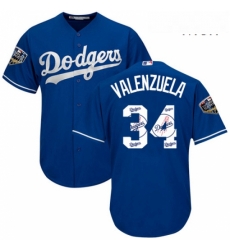 Mens Majestic Los Angeles Dodgers 34 Fernando Valenzuela Authentic Royal Blue Team Logo Fashion Cool Base 2018 World Series MLB Jersey