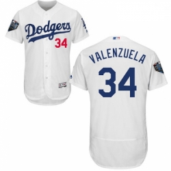 Mens Majestic Los Angeles Dodgers 34 Fernando Valenzuela White Home Flex Base Collection 2018 World Series Jersey 2