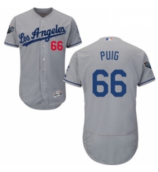 Mens Majestic Los Angeles Dodgers 66 Yasiel Puig Grey Road Flex Base Authentic Collection 2018 World Series Jersey