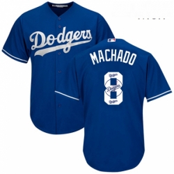 Mens Majestic Los Angeles Dodgers 8 Manny Machado Authentic Royal Blue Team Logo Fashion Cool Base MLB Jersey 