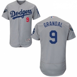 Mens Majestic Los Angeles Dodgers 9 Yasmani Grandal Gray Alternate Flex Base Collection 2018 World Series Jersey 20