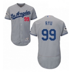 Mens Majestic Los Angeles Dodgers 99 Hyun Jin Ryu Authentic Grey Road 2017 World Series Bound Flex Base Jersey