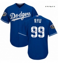 Mens Majestic Los Angeles Dodgers 99 Hyun Jin Ryu Authentic Royal Blue Team Logo Fashion Cool Base 2018 World Series MLB Jersey