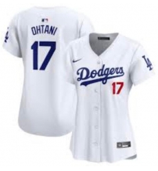 Women Los Angeles Dodgers 17 Shohei Ohtani White Blue Vin Patch Cool Base Stitched Baseball Jersey
