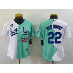 Women Los Angeles Dodgers 22 Bad Bunny 2022 All Star White Green Split Stitched Baseball Jerseys  28 Run Small 29