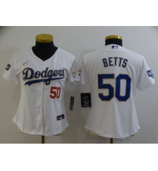 Women Los Angeles Dodgers 50 Mookie Betts White Gold Championship Cool Base Stitched Jersey