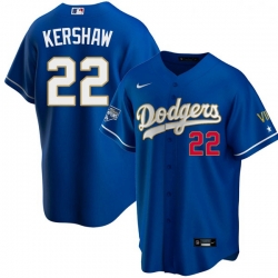 Women Los Angeles Dodgers Clayton Kershaw 22 Championship Gold Trim Blue Limited All Stitched Flex Base Jersey