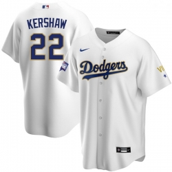 Women Los Angeles Dodgers Clayton Kershaw 22 Championship Gold Trim White Limited All Stitched Cool Base Jersey