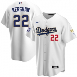 Women Los Angeles Dodgers Clayton Kershaw 22 Championship Gold Trim White Limited All Stitched Flex Base Jersey