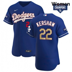 Women Los Angeles Dodgers Clayton Kershaw 22 Gold Program Designed Edition Blue Flex Base Stitched Jersey