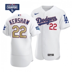 Women Los Angeles Dodgers Clayton Kershaw 22 Gold Program Designed Edition White Flex Base Stitched Jersey
