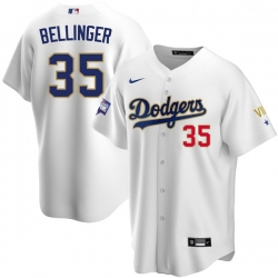 Women Los Angeles Dodgers Cody Bellinger 35 Championship Gold Trim White Limited All Stitched Flex Base Jersey