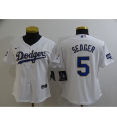Women Los Angeles Dodgers Corey Seager 5 Championship Gold Trim White All Stitched Cool Base Jersey
