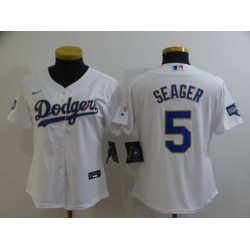Women Los Angeles Dodgers Corey Seager 5 Championship Gold Trim White All Stitched Cool Base Jersey