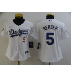 Women Los Angeles Dodgers Corey Seager 5 Championship Gold Trim White All Stitched Flex Base Jersey