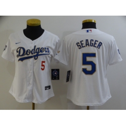 Women Los Angeles Dodgers Corey Seager 5 Championship Gold Trim White All Stitched Flex Base Jersey