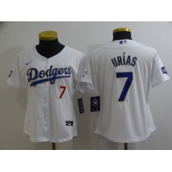 Women Los Angeles Dodgers Julio Urias 7 Championship Gold Trim White Limited All Stitched Flex Base Jersey