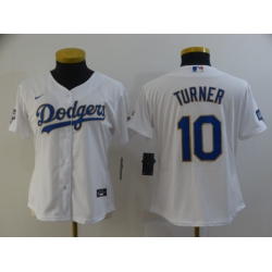 Women Los Angeles Dodgers Justin Turner 10 Championship Gold Trim White All Stitched Cool Base Jersey
