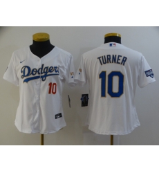 Women Los Angeles Dodgers Justin Turner 10 Championship Gold Trim White All Stitched Flex Base Jersey